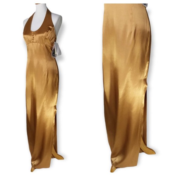 Gunne Sax Dresses & Skirts - Vtg Jessica McClintock Gunne Sax Maxi Halter Dress Size 7/8 Liquid Gold Metallic